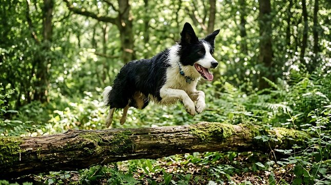Border Collie Dog Jumping Over a Fallen Log in the Forest