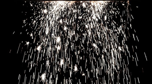 Bright sparks falling down against a solid black background, creating a dramatic light effect