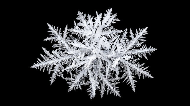 Detailed macro shot of a single natural snowflake with intricate crystalline structure isolated on black background