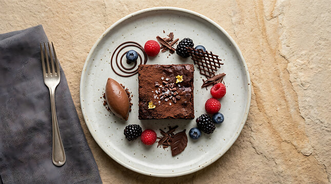 A gourmet chocolate dessert with fresh berries, chocolate mousse, and decorative elements on a light plate with a fork and napkin.