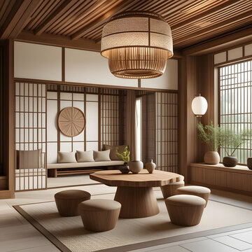 Modern Japanese style living room interior with wooden furniture, shoji screens, and zen atmosphere