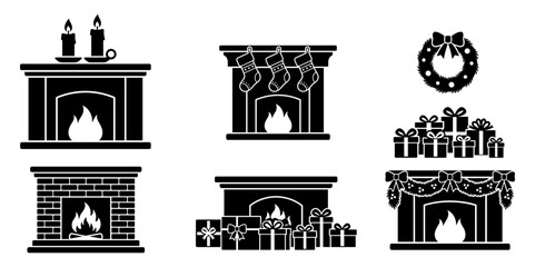 Fototapeta premium Fireplace silhouette designs with flames, gifts, and holiday decorations for various settings