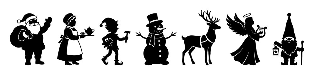 Naklejka premium Silhouette characters celebrating the holiday season in a joyful scene with Santa, an elf, and a snowman