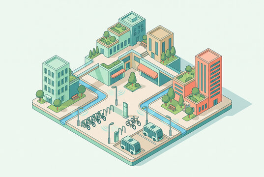 Isometric cityscape with green roofs bikes and urban mobility illustration