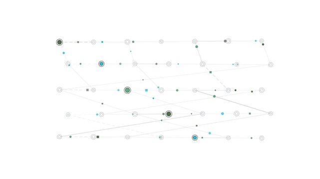 Abstract digital data network diagram with connected nodes and arrows on white background