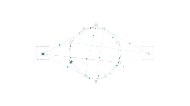 Abstract digital data network and blockchain connection concept with nodes, particles, and geometric lines on a clean white background