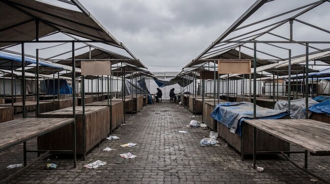 Desolate empty outdoor market with abandoned wooden stalls, scattered trash, and a gloomy sky. Represents economic crisis, urban decay, recession, poverty, and business failure
