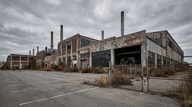Abandoned brick factory building with tall smokestacks, broken windows, and an empty overgrown parking lot under a gloomy sky. Represents economic crisis, deindustrialization, and urban decay