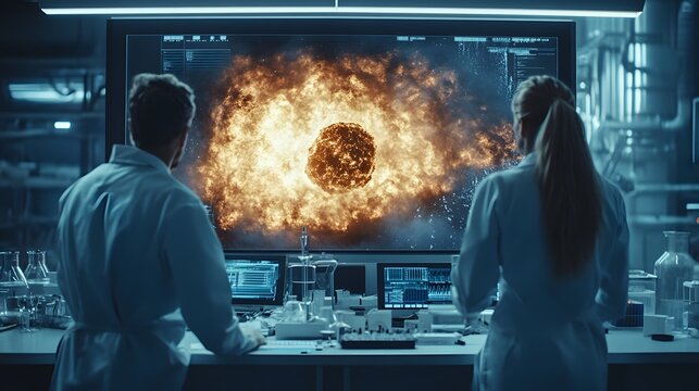 Scientists observe a dramatic meteorite impact simulation on a large digital screen in a high-tech laboratory setting capturing tension and scientific discovery with cinematic lighting.