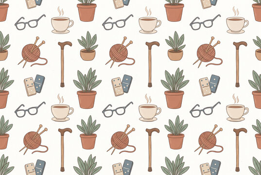 Retirement hobby pattern with coffee knitting glasses and plants