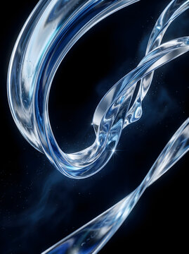 Abstract flowing water ribbons isolated on a deep black background.