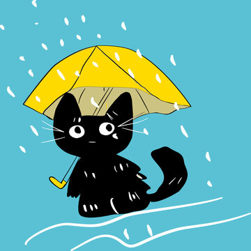 Cute Black Cat Holding Yellow Umbrella in Rain Vector Illustration