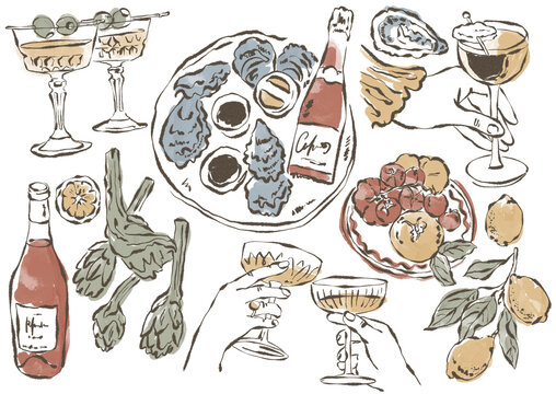 Hand-drawn watercolor illustration of a summer aperitivo spread in a loose, whimsical line-art style ideal for menus and Mediterranean-themed designs