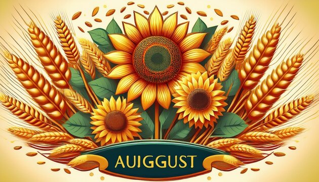 decorative august seasonal emblem featuring vibrant sunflowers and golden wheat harvest imagery