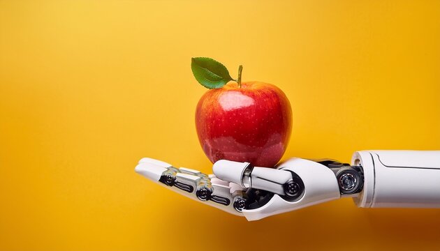 future of agriculture concept with bionic robot arm holding a fresh red apple on yellow background