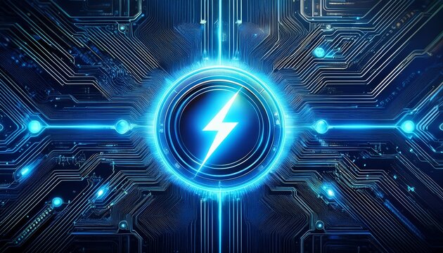 futuristic high capacity battery with glowing lightning bolt on blue digital circuit board background