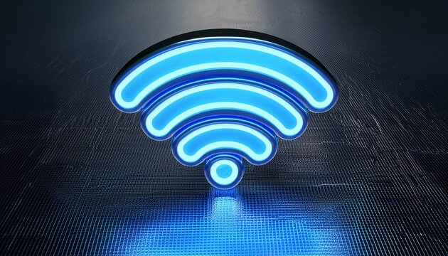 glowing blue neon wifi symbol on metallic surface 3d render wireless connection and internet concept