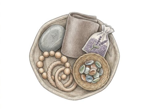 OCD sensory grounding toolkit with textured stones soft fabrics and tactile beads