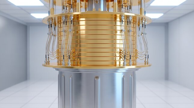 Close-up of generic quantum computer dilution refrigerator with layered gold plates and thin coaxial cables, clean laboratory environment, low angle view, no people, no text, no brand
