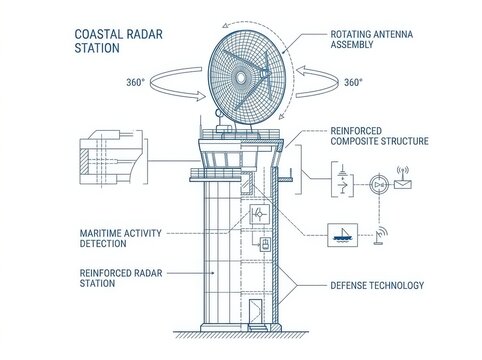 Coastal security radar monitoring station with rotating antenna for coastal surveillance