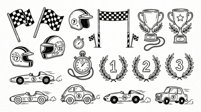 Car racing and motorsport speed attributes hand drawn illustrations set. Vintage doodle drawings of checkered flags, helmet and trophy. Clean line art collection for go-kart and track events.