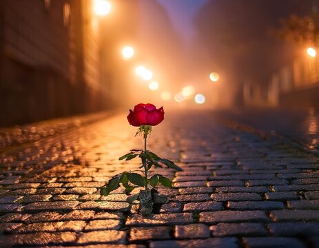 single red rose growing between cobblestones in a foggy city street at night with warm bokeh lights