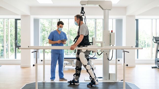 Patient uses exoskeleton robotic suit for physical therapy with medical professional supervision