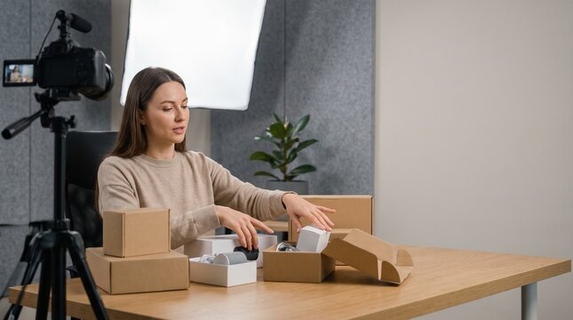 Woman unboxing packages on camera for video content creation