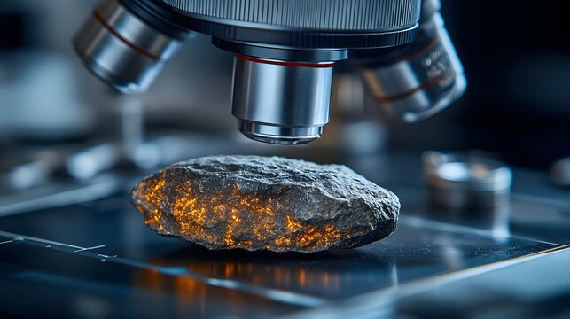 Close-up of a meteorite under microscope revealing glowing mineral textures for geological research. High detail, scientific analysis, space rock study, elegantly showcasing geology.