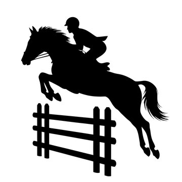 Black silhouette features horse rider jumping over fence obstacle with equestrian in helmet on horseback. Dynamic scene showcases skill of horse rider jumping over fence obstacle