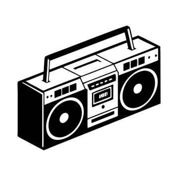 1980s boom box stereo illustration, showing classic portable music device. Features dual speakers, cassette deck, controls, defining boom box stereo era.