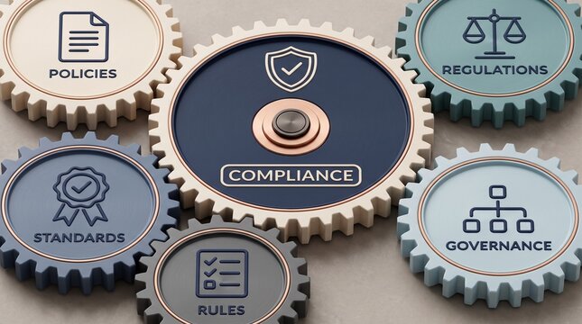 Corporate regulatory compliance governance framework with interlocking gears representing business standards and quality assurance policies