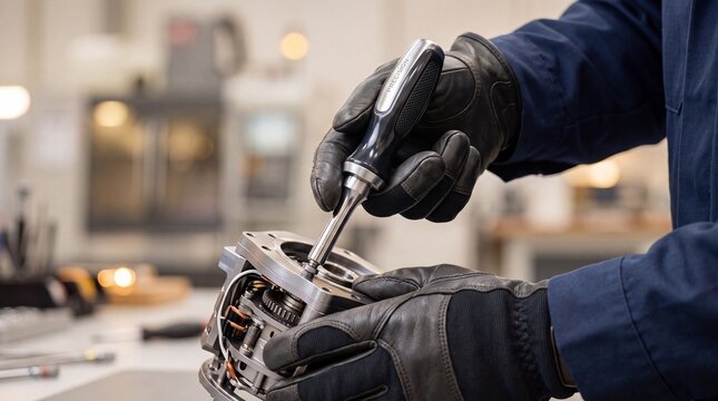 Skilled technician repairing automotive engine component with precision tools with component screwdriver workshop