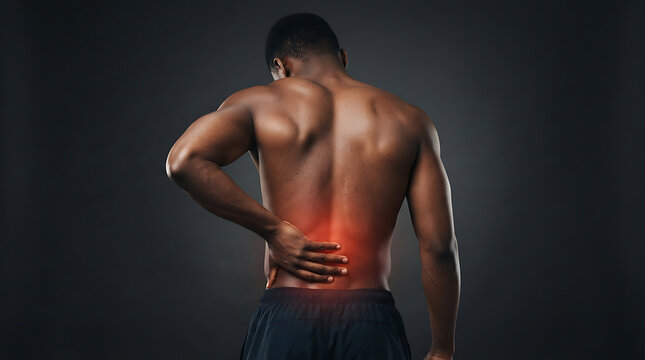 Back Pain Discomfort: A man clutching his lower back, his hand placed on a highlighted area of pain, conveying the discomfort and distress associated with back issues.