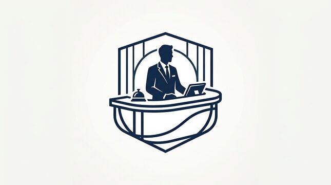 Hotel reception desk icon with concierge silhouette for hospitality and travel branding.