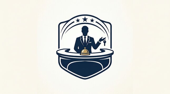 Hotel reception logo with concierge silhouette and service bell icon for hospitality branding.