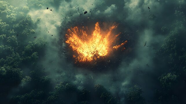 Aerial view of a meteorite impact crater engulfed in fiery explosion amidst dense forest canopy with smoke and debris rising, capturing dramatic natural event for science or cinematic use.