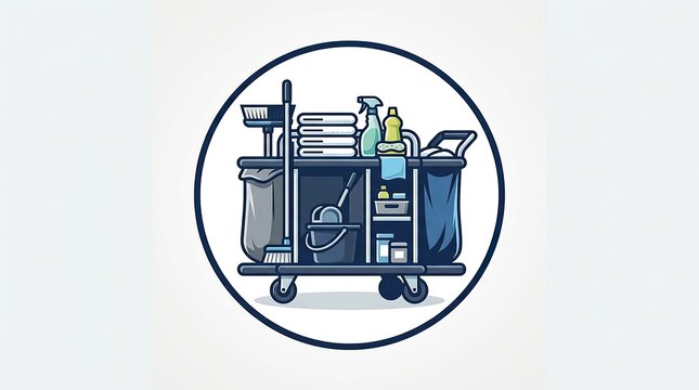 Housekeeping cart with cleaning supplies and fresh linens for hotel room service maintenance