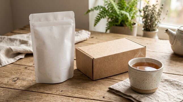 Blank white stand-up pouch and kraft paper box bakery packaging mockup on a rustic wooden surface with a cup of tea