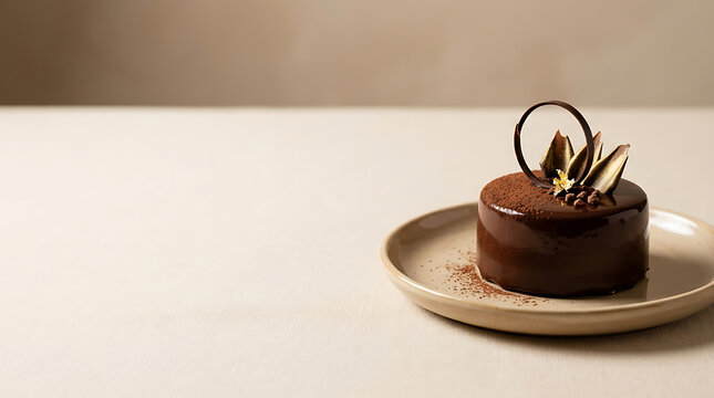 A decadent individual chocolate cake with a glossy glaze and elegant decorations on a ceramic plate.