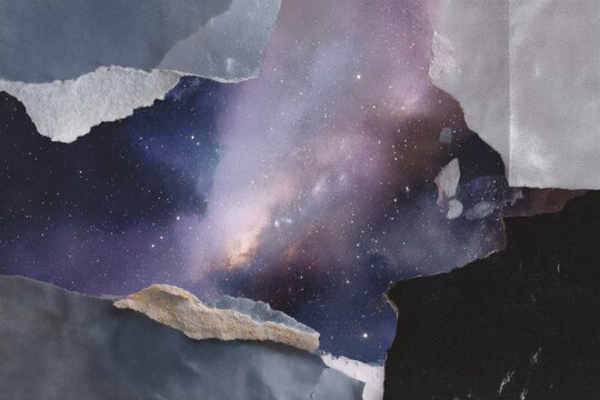 Torn paper scrapbook collage revealing a galaxy and starry space texture for background poster and moodboard design