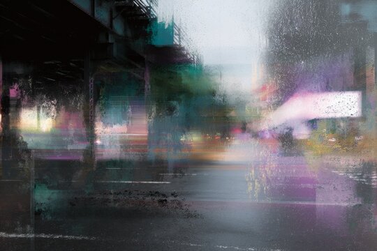 Abstract neon urban dreamscape blurred city street with subway underpass and wet reflections for cyberpunk background banner design