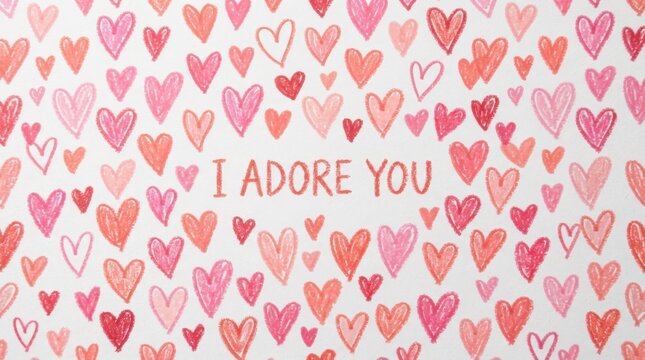 Handdrawn heart pattern background with i adore you text