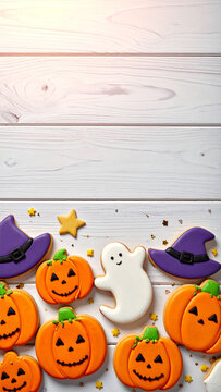 ハロウィンの可愛いアイシングクッキーとかぼちゃの装飾　白い木目の背景に文字入れ用スペースがある秋のお祝いイベント用イメージ素材