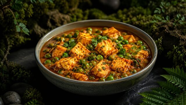 Matar paneer in a minimal ceramic bowl, vibrant green peas and paneer cubes, dark forest backdrop, fresh modern advertising style