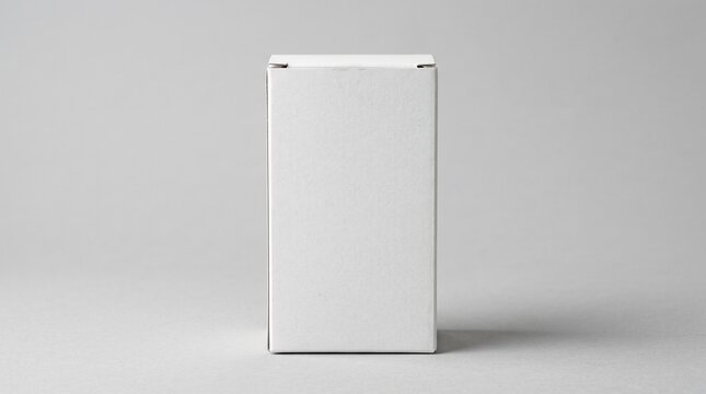 Blank white cardboard product box mockup standing upright on a grey surface for branding and packaging design presentation