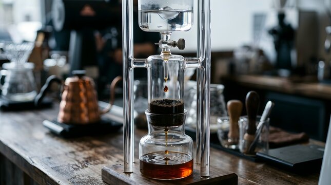 Cold drip coffee maker on wooden bar, slow drip glass tower in cafe, professional specialty coffee brewing equipment