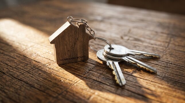 Wooden house keychain with silver metal keys on rustic timber table in warm sunlight for real estate marketing and mortgage loan services