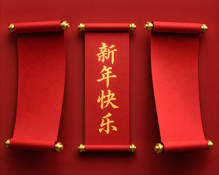 Chinese New Year Scroll Red Banner With Calligraphy. Traditional Silk Oriental Decoration With Blank Space For Design, Festive Holiday Background.