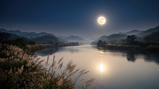 A serene and captivating night scene showcases a radiant full moon reflecting beautifully upon the tranquil waters of a river evoking feelings